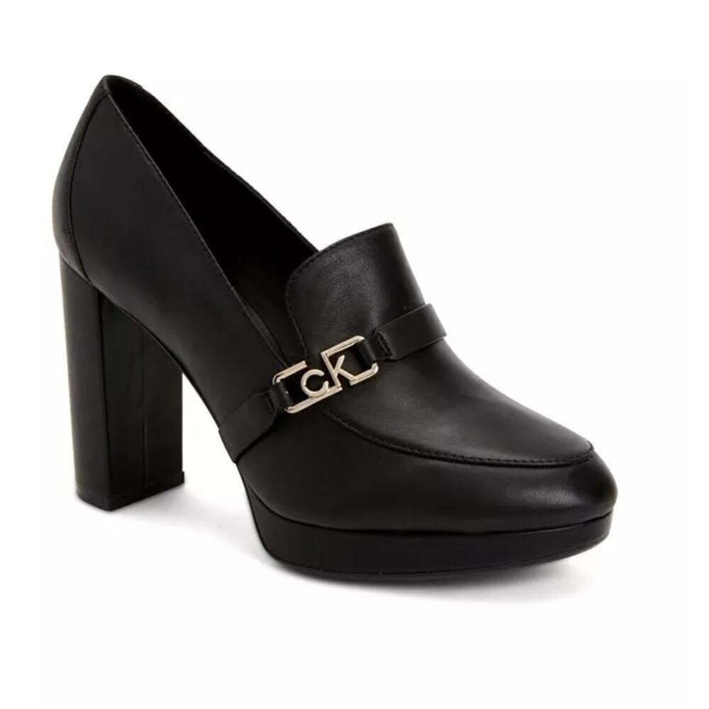 CALVIN KLEIN Pressy Platform Moc Leather Pumps 3" Heel in Black W's Size 7.5M - Picture 1 of 14